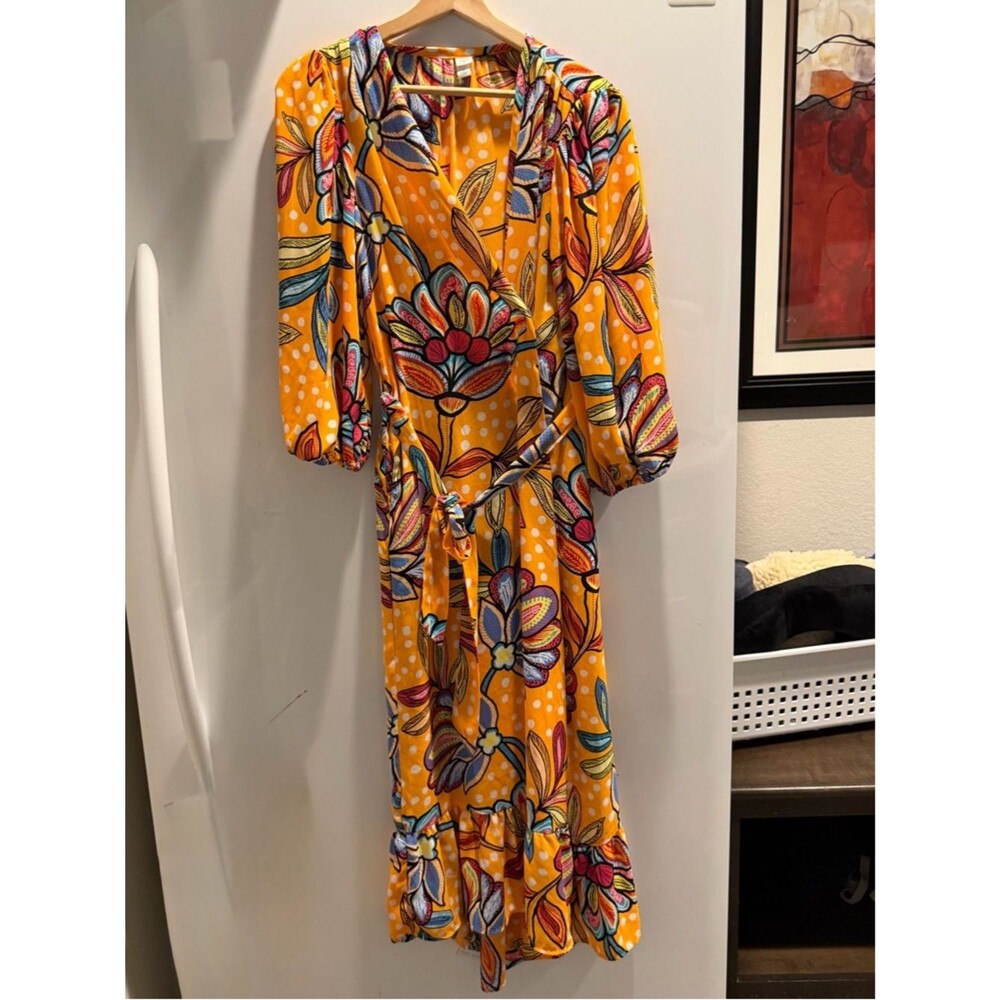 Tabitha Brown Mustard Floral Wrap Midi Dress with Tie Waist S
